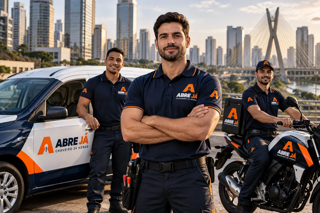 Equipe de chaveiros Abre Já uniformizada ao lado de carro e moto da operação em São Paulo
